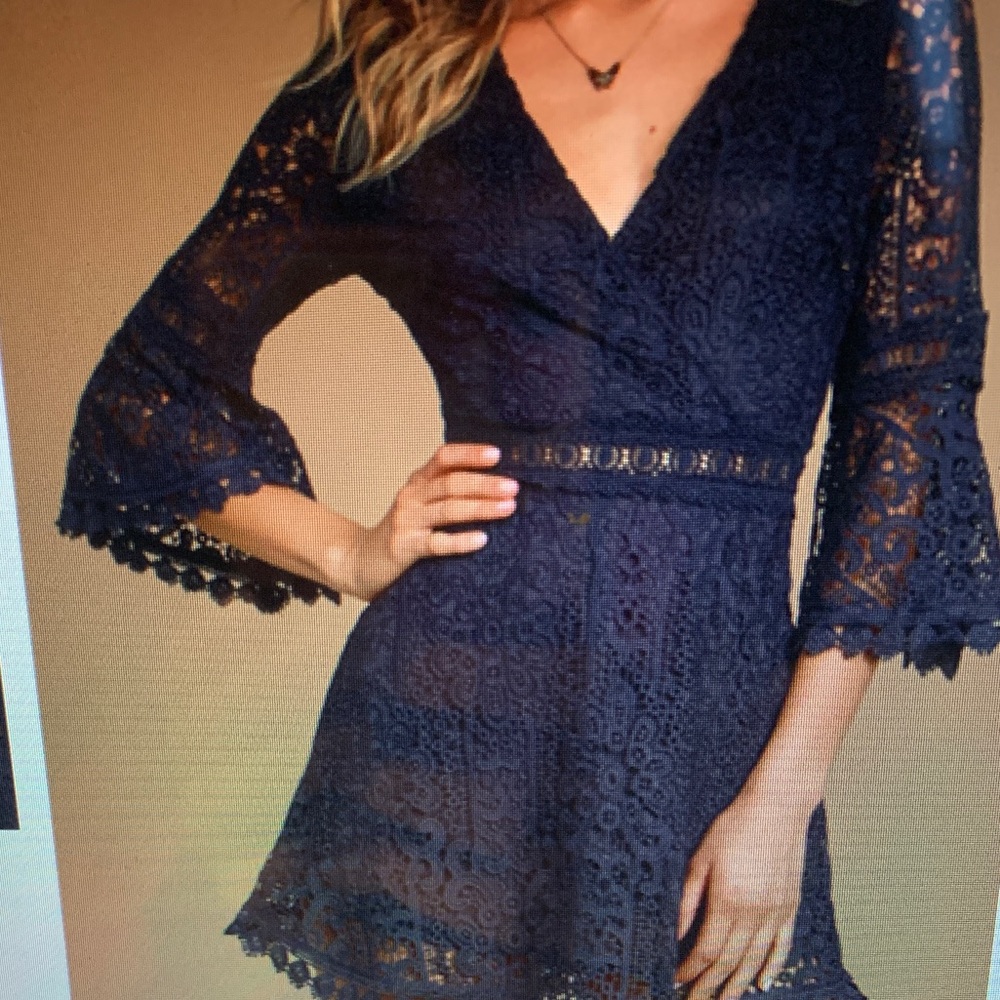 Lulus Love or Lust Navy Blue Crochet Lace Flounce Sleeve Mini Dress
